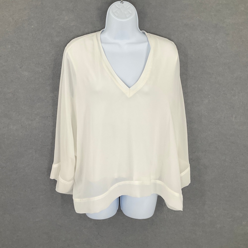 Zara Top Woman White Sheer Blouse Vanilla Clean Girl Lined V Neck Sz‎ L Capsule